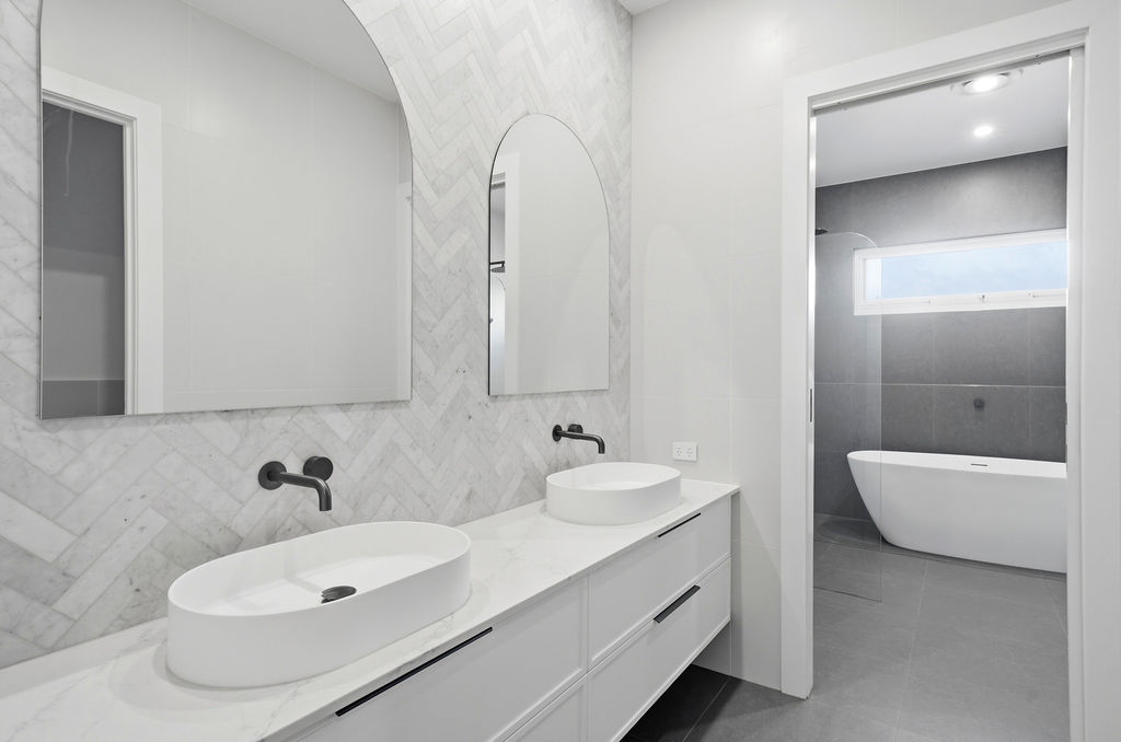 Ensuite double vanity with arch mirrors